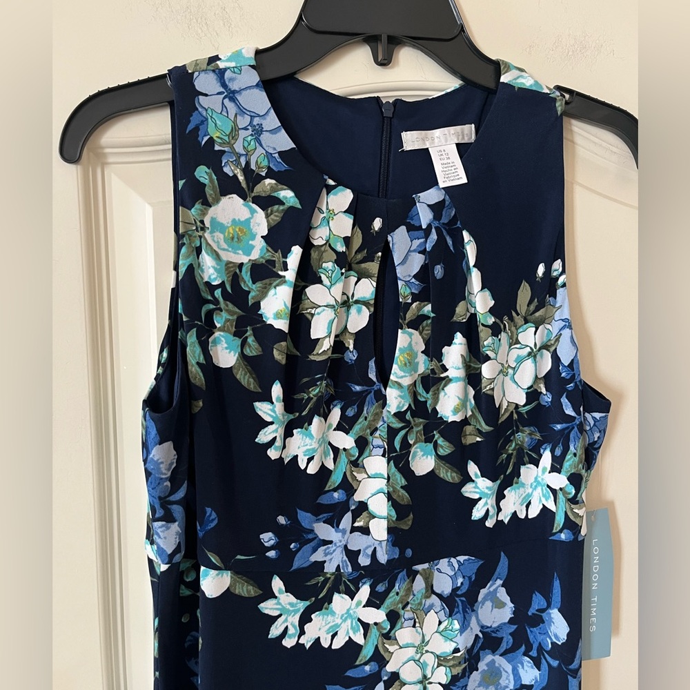 New! London Times Navy Blue Floral Sleeveless Dress Women’s size 8 - Picture 6 of 14